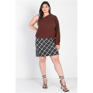 Relaxed Fit Brown Ribbed Textured One Shoulder Top- Plus Sizes- Made in USA